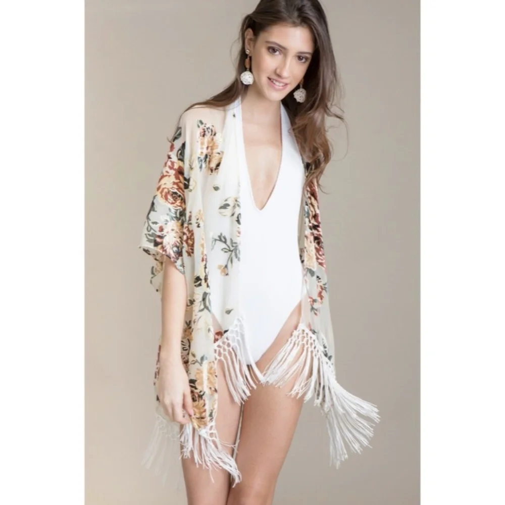 Maya Island Velvet Floral Macrame Tassel Fringe Kimono Cream Coverup Wrap - Picture 3 of 7